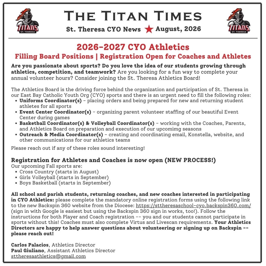 2026-2027 CYO Athletics Information
